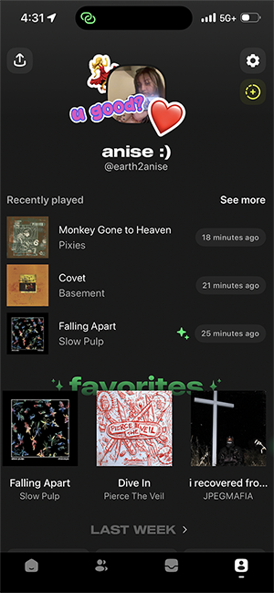 Screenshot of the app Airbud's home page. Showcasing my profile, recent listens, and favorite songs at the moment