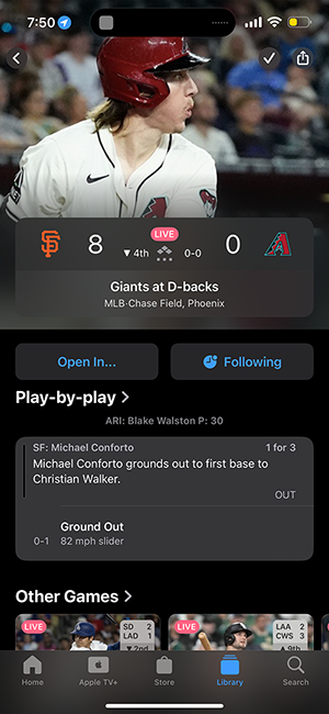 Screenshot of MLB Giants game versus the Arizona Diamond backs. The live score is 8-0 Giants, buttom of the 4th. There is a section for game play-by-plays with a brief description of what is currently being played. A section to see other live games.