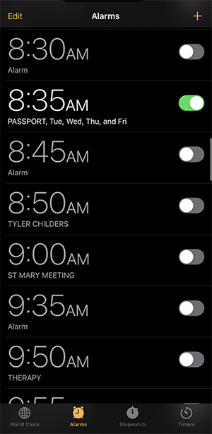 Screenshot of the Iphone Alarm screen, showcasing incremented morning alarms