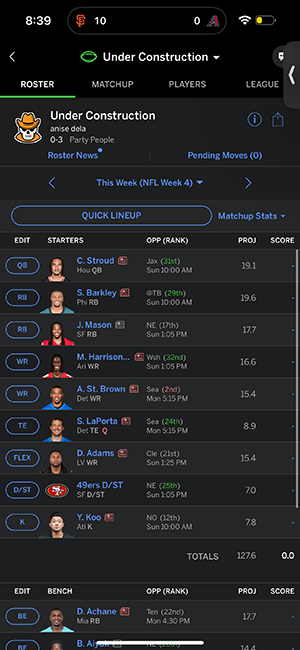 Screenshot of ESPN Fantasy league roster. There is a team icon that is of a skeleton cowboy, next to the team name Under Construction. Underneath the name and icon shows the current NFL week, a link to a quickmatch ups, stats and all the chosen players for the fantasy league listed with their stats, positions, names and headshots