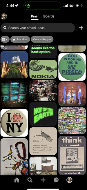 Screenshot of my Pinterest homefeed.There is different graphics, including images of buttons, tv screens, stylized edits, and the michaels halloween section